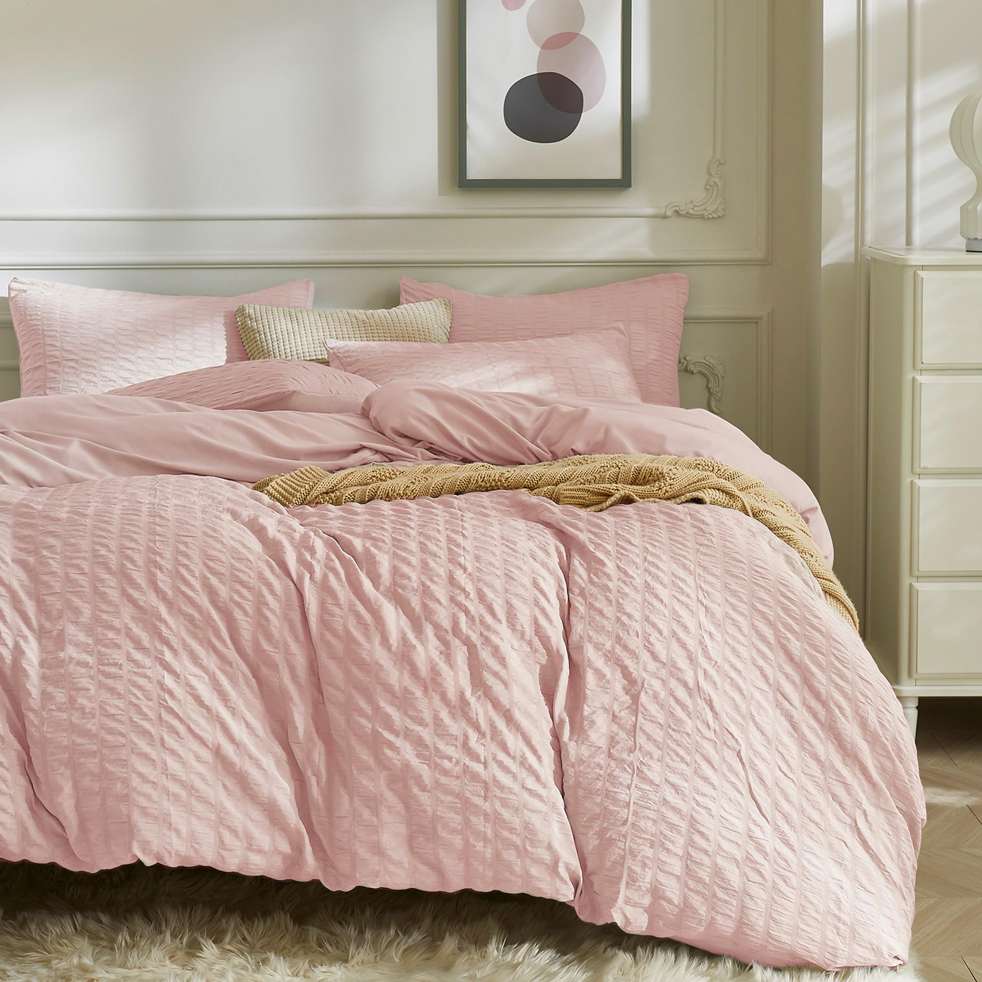 Jellymoni Pink Duvet Cover King Size, 3Pcs Washed Microfiber Bedding Set, Soft Breathable Seersucker Duvet Cover Set With Zipper